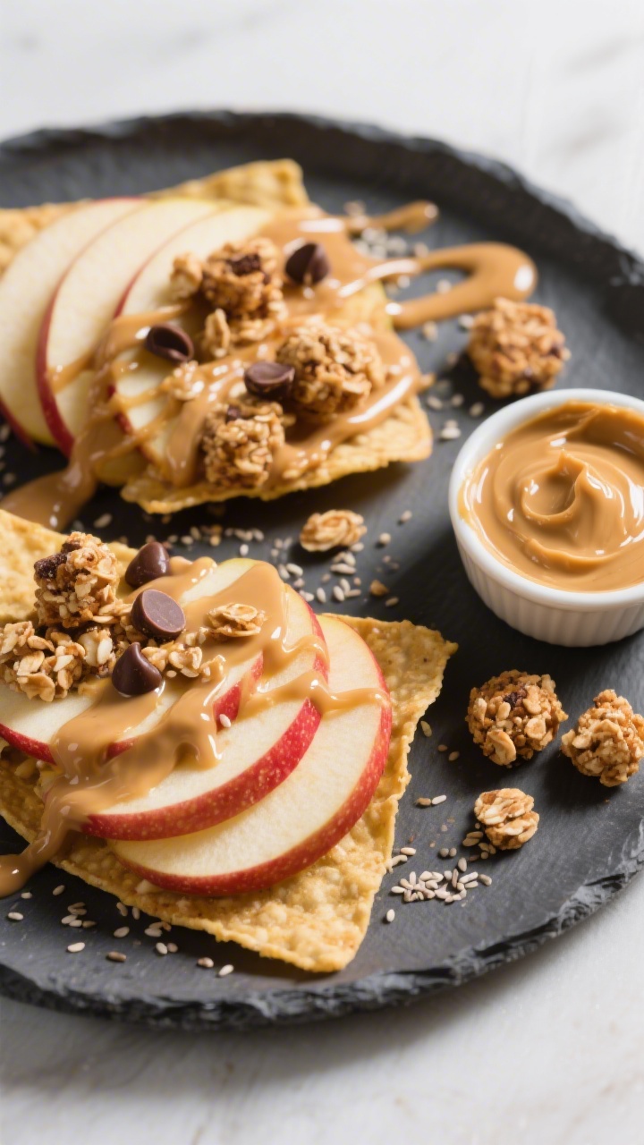 Close-up of Sunbutter Apple “Nachos” with Protein Granola Bites: two crisp apples thinly sliced and fanned on a matte slate plate, drizzled generously with glossy sunbutter, sprinkled with protein granola bites and mini chocolate chips, plus a scatter of chia seeds; a small ramekin of sunbutter and a few extra granola bites off to the side; sticky, crunchy textures emphasized, shallow depth of field, bright and playful styling.