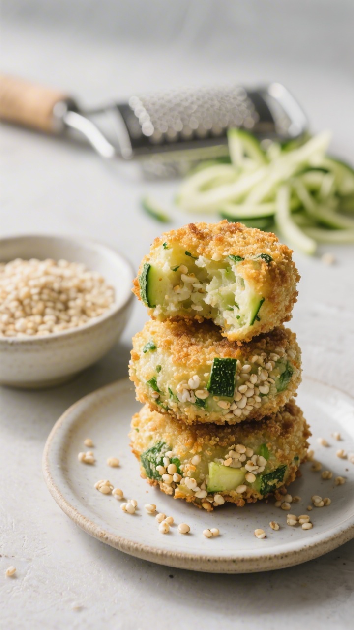 Close-up of zucchini “tater” tots with hidden quinoa, stacked on a small plate to showcase flecks of green zucchini, quinoa pearls, and golden crumb from gluten-free breadcrumbs or almond meal. One tot broken open to reveal moist interior. Include a small bowl of cooked quinoa and a grater with zucchini shreds in soft focus behind. Natural daylight, crisp detail, minimal props.