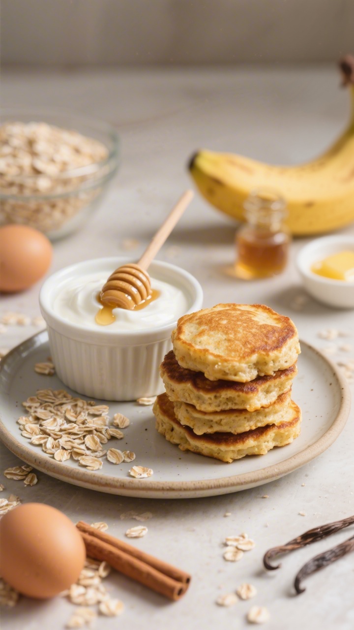 Close-up, overhead shot of banana oat pancake nuggets stacked on a small plate, golden and slightly nubbly from rolled oats, with a creamy yogurt dip in a ramekin drizzled with a touch of honey; scattered ingredients nearby: ripe bananas, rolled oats, eggs, a pinch of cinnamon, vanilla extract, and a pat of melted butter; soft morning light, cozy breakfast mood, focus on fluffy interior and crisped edges.