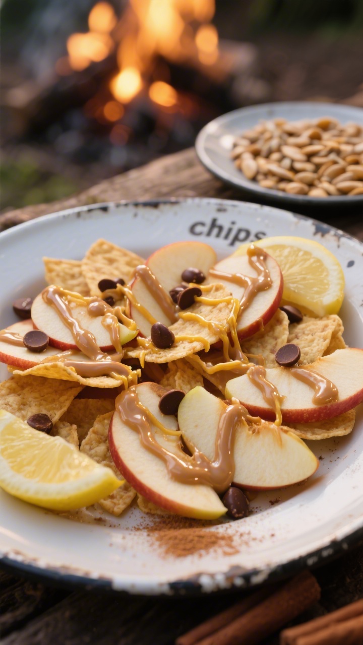 Close-up plated presentation of Campfire Apple Nachos: thinly sliced Honeycrisp/Gala apple “chips” fanned on an enamel camp plate, lightly glossed with lemon juice. A warm peanut butter drizzle (and a second plate with sunflower seed butter) zig-zagging over the apples, finished with a golden thread of honey. Optional sprinkles of mini chocolate chips and a dusting of cinnamon for visual pop. Soft campfire glow bokeh in background, shallow depth of field emphasizing glossy drizzle and crisp apple edges.