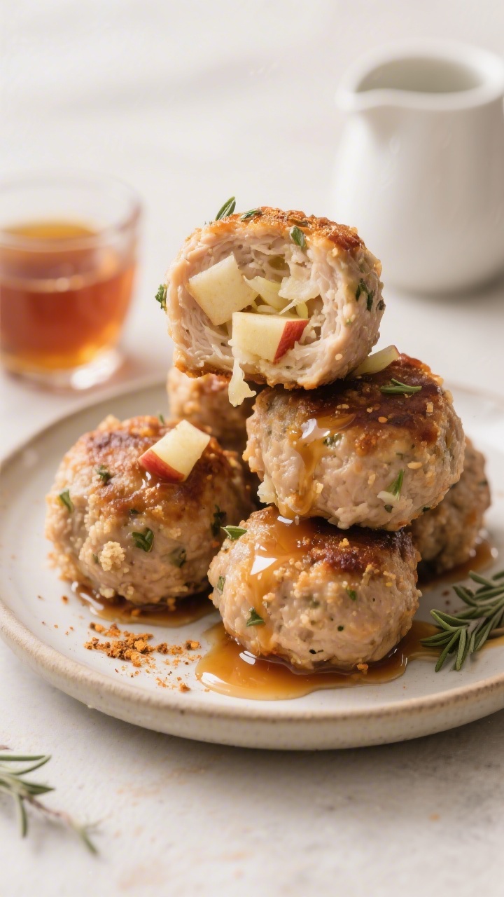 Close-up shot of tender chicken apple meatballs stacked on a small plate, cross-section showing juicy interior with tiny apple shreds and breadcrumbs, flecked with dried thyme or sage and onion powder; a warm maple drizzle glistening over the top, with a small pitcher of maple syrup nearby; soft, inviting light emphasizing moist texture and caramelized edges.