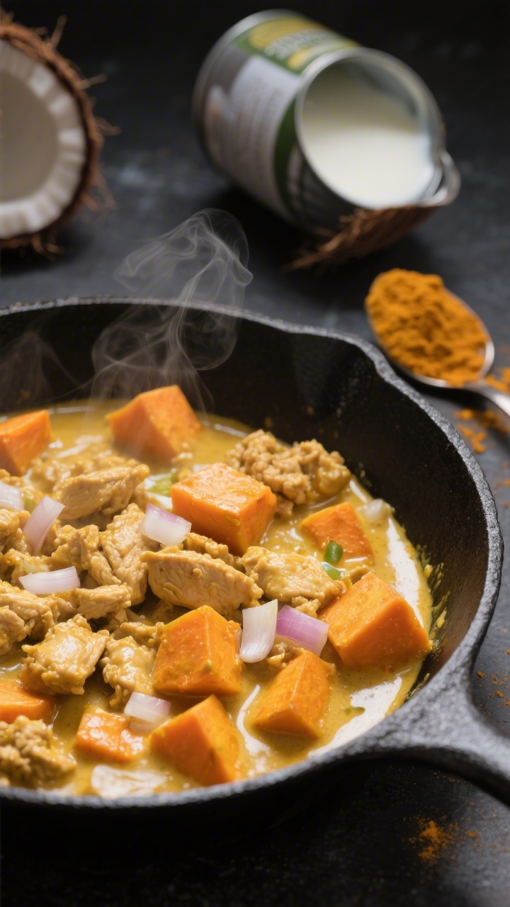 Close-up skillet scene of mild coconut chicken curry with sweet potato: ground chicken simmered in a glossy coconut milk sauce tinted golden with mild curry powder and ground turmeric, cubes of tender orange sweet potato throughout, finely minced onion and optional garlic softened in coconut oil. Captured in a black cast-iron skillet on a matte charcoal surface, a can of coconut milk and a spoonful of curry powder nearby; gentle steam, saturated warm tones, sauce clinging to the sweet potato.