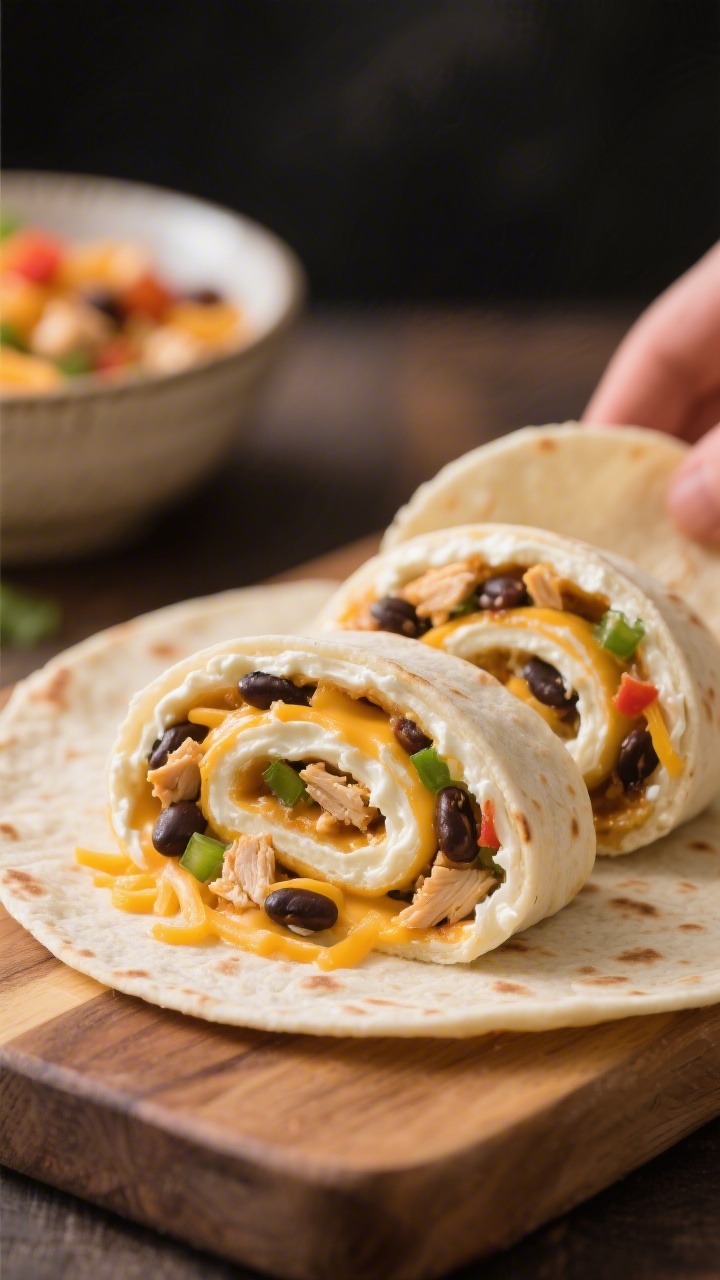Close-up slice-and-assembly shot of Cheesy Taco Pinwheels: flour tortillas spread with a creamy blend of softened cream cheese and shredded cheddar/Mexican blend, sprinkled with finely chopped cooked chicken or black beans and hidden minced veggies, then tightly rolled and sliced into spirals; focus on the swirled layers and melty cheese flecks, ingredients bowl in background, vibrant yet tidy prep scene on a wooden board, soft side lighting.