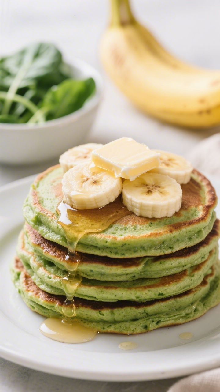 Close-up stack of fluffy green banana pancakes (spinach blended in), lightly browned edges, topped with sliced bananas, a pat of melting butter, and a drizzle of maple syrup cascading down the sides; a small bowl of baby spinach and a ripe banana in the background softly out of focus; shot at 45 degrees to highlight airy texture and sheen, bright morning light.