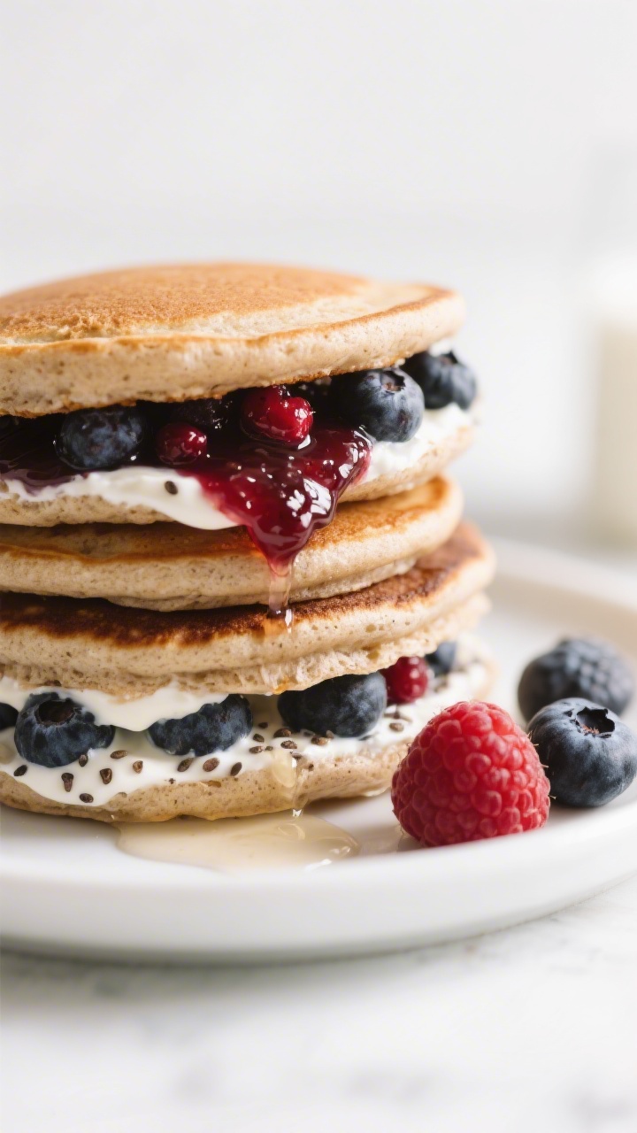 Close-up stack of yogurt berry pancake sandwiches on a simple white plate: fluffy whole-grain pancakes made from mix with milk, egg, and vanilla, sandwiched with creamy yogurt and a glossy chia-berry jam layer made from mixed berries; one sandwich slightly pressed so filling peeks out; a few fresh or thawed berries scattered, syrup-free, bright morning light, minimal styling.