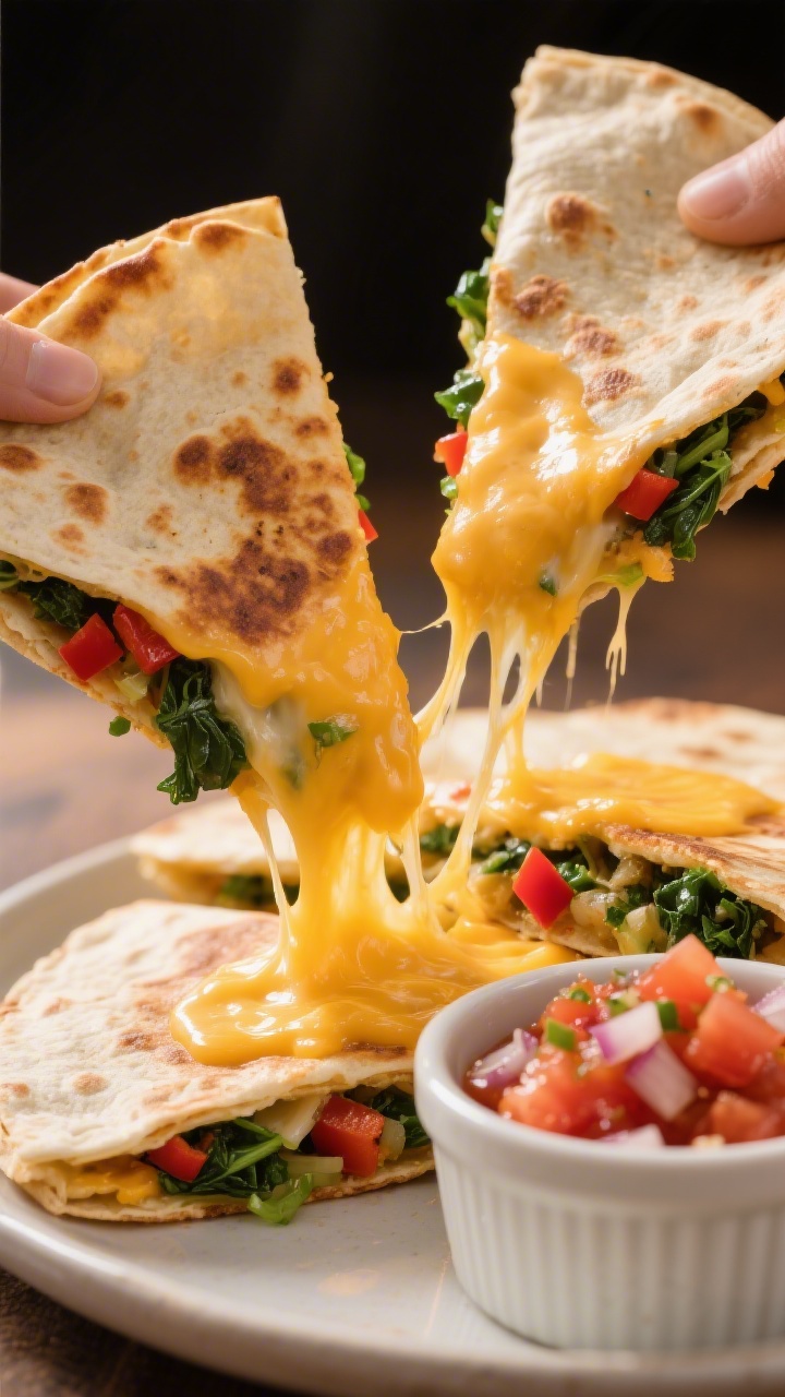 Close-up, straight-on cheese pull of Cheesy Veggie Quesadilla Dippers: two golden-toasted flour tortillas stuffed with melted mild cheddar/Colby Jack, very finely chopped spinach (squeezed dry), and finely chopped red bell pepper; wedges being separated to show stretchy cheese strands and colorful veggie flecks; a small ramekin of thick, chunky no-sog salsa on the side, visible diced tomatoes and onions; warm directional light emphasizing blistered tortilla texture and bubbling cheese.