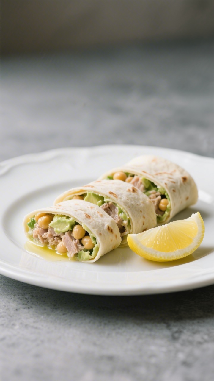 Close-up, straight-on plated shot of creamy chickpea “tuna” salad rolled in soft tortillas: visible mashed chickpeas bound with dairy-free yogurt (or mashed avocado) for a pale, creamy texture, a light drizzle of olive oil for sheen, and a hint of lemon wedge on the side; cut roll-ups arranged neatly to show the gentle, chunky interior; simple white plate on a muted slate surface, soft diffused lighting for a mild, approachable look.