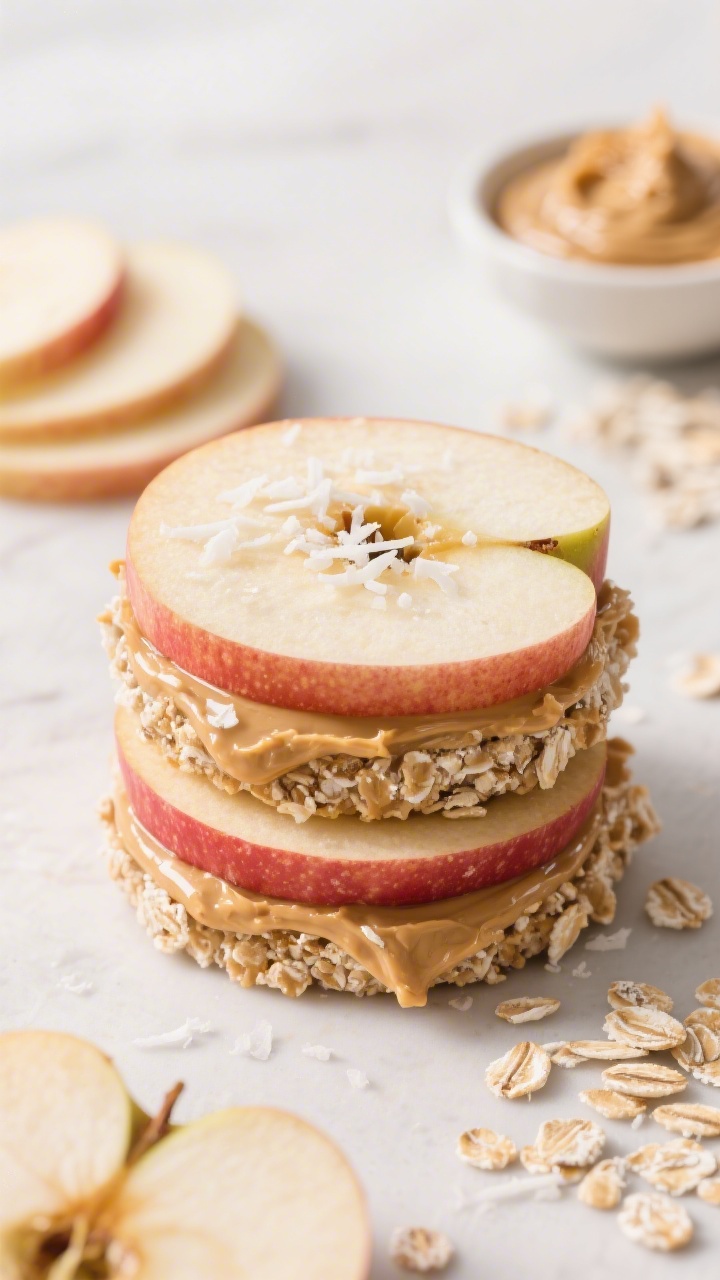 Close-up, straight-on sandwich stack shot of sunbutter apple sandwiches: 1/4-inch rounds of Honeycrisp apples layered with sunflower seed butter, a sprinkle of unsweetened shredded coconut, and oat crispies pressed into the edges for crunch. Focus on glossy apple skins, creamy spread, and the crunchy ring of oat bits; a few extra apple rounds, a small bowl of sunflower seed butter, and scattered oat crispies in the background. Bright, fresh lighting to emphasize juiciness and contrast.