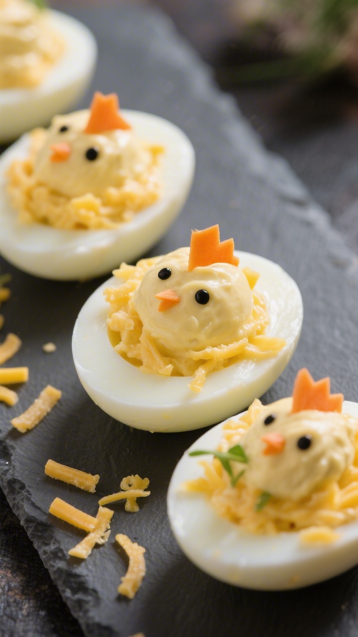 Close-up, straight-on shot of Cheesy “Chick” Deviled Eggs: halved hard-boiled eggs filled with a creamy, ultra-smooth yolk mixture made from yolks, mayonnaise, sour cream, yellow mustard, and a hint of apple cider vinegar, folded with finely shredded cheddar for a pale yellow, slightly glossy filling. Each egg decorated like a chick with tiny black sesame “eyes” and micro-cut carrot triangles for beaks, arranged on a matte slate board with a few scattered cheddar shreds. Crisp, clean lighting emphasizing the velvety texture.