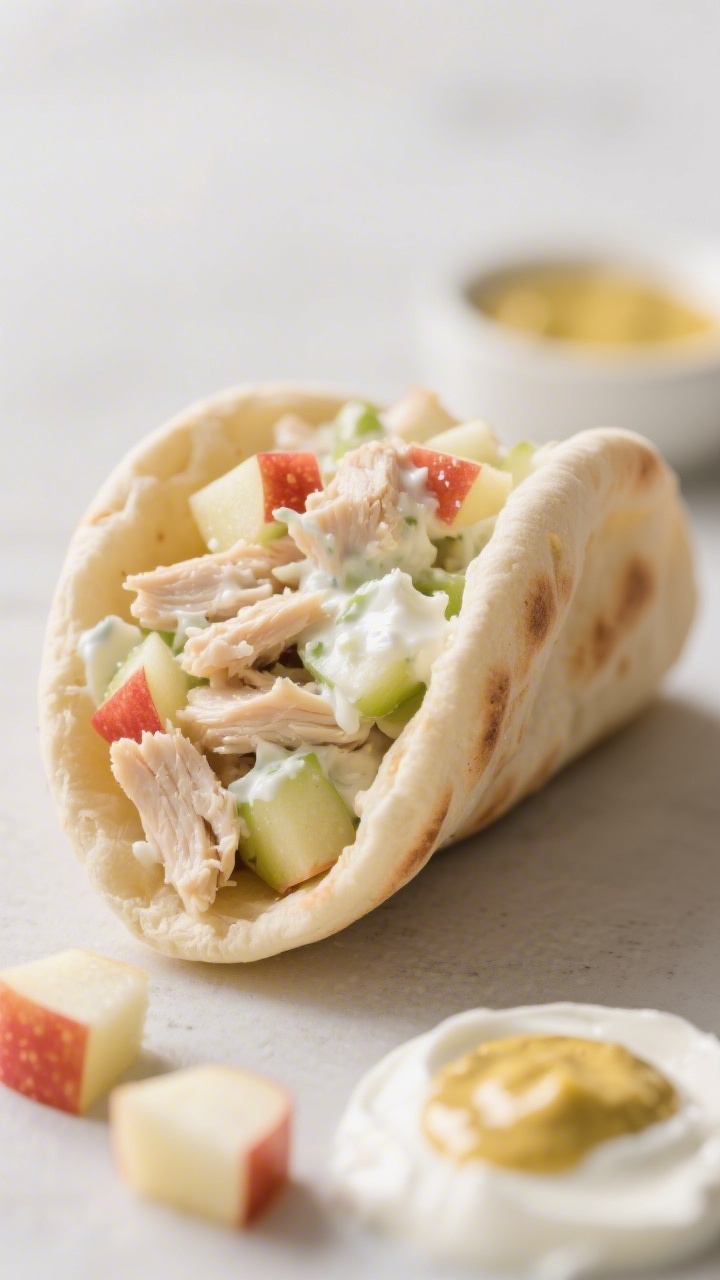 Close-up, straight-on shot of creamy chicken apple salad tucked into mini pita pockets: finely chopped cooked chicken bound with plain whole-milk Greek yogurt and a mild swipe of Dijon, tiny apple dice glistening, edges of pita soft and fresh; a few extra apple cubes and a dab of yogurt-mustard mixture on a side dish; cool neutral background, crisp, refreshing vibe, no mayo sheen.
