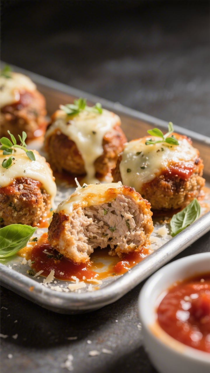 Close-up, straight-on shot of mini chicken parm meatballs on a small rimmed baking tray, broiled with bubbly mozzarella on top and a light spooning of marinara; interior bite reveals juicy ground chicken flecked with fine breadcrumbs, grated Parmesan, and Italian seasoning; garnish of micro basil leaves, a small bowl of extra marinara in frame; crisp, appetizing contrast with directional side light to emphasize melted cheese texture.