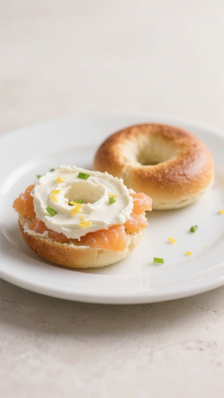 Close-up, straight-on shot of mini salmon and cream cheese bagel bites: two mini bagels sliced and lightly toasted, topped with a smooth whipped blend of cream cheese and well-flaked canned salmon for a mild, non-fishy look, finished with tiny lemon zest and a few very fine chives; neatly arranged on a small white plate with one bite-sized half angled to show the creamy spread; soft daylight, neutral backdrop, appetizing sheen.