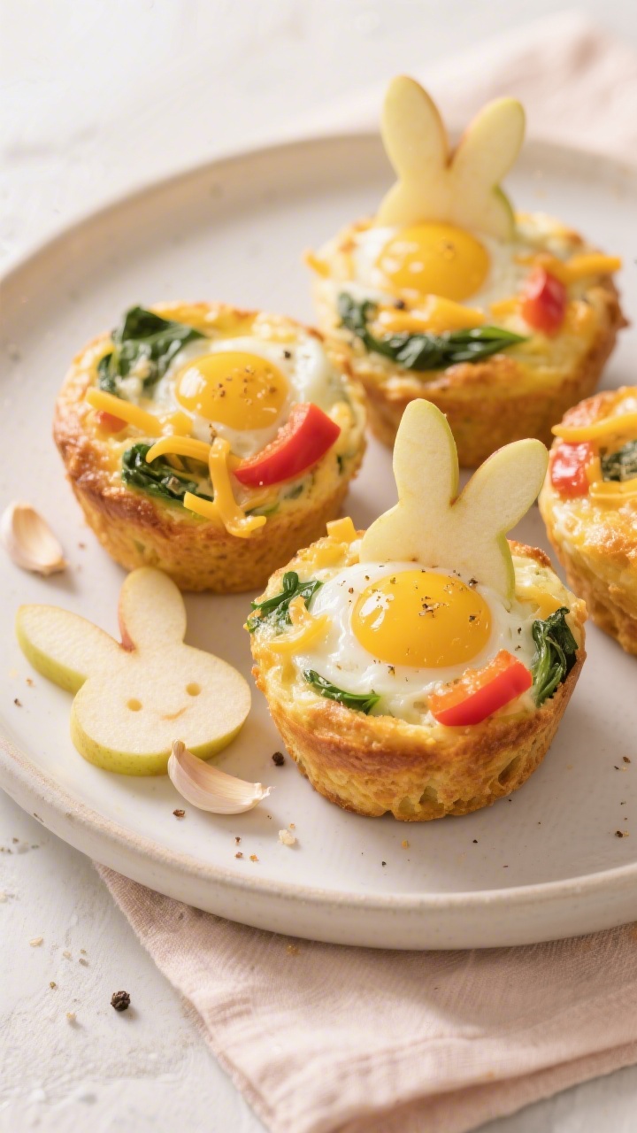 Close-up, straight-on shot of Sunshine Egg Muffins with Apple Bunny Bites: golden, puffy mini egg muffins studded with yellow/red bell pepper, baby spinach, and melted shredded cheddar, with a gentle sheen and visible tender crumb; beside them, crisp apple slices carved into simple bunny-ear shapes. Subtle sprinkle of garlic powder visible on muffin tops, pinch of salt and pepper flecks. Neutral plate, pastel napkin, soft morning light, appetizing melty cheese detail.