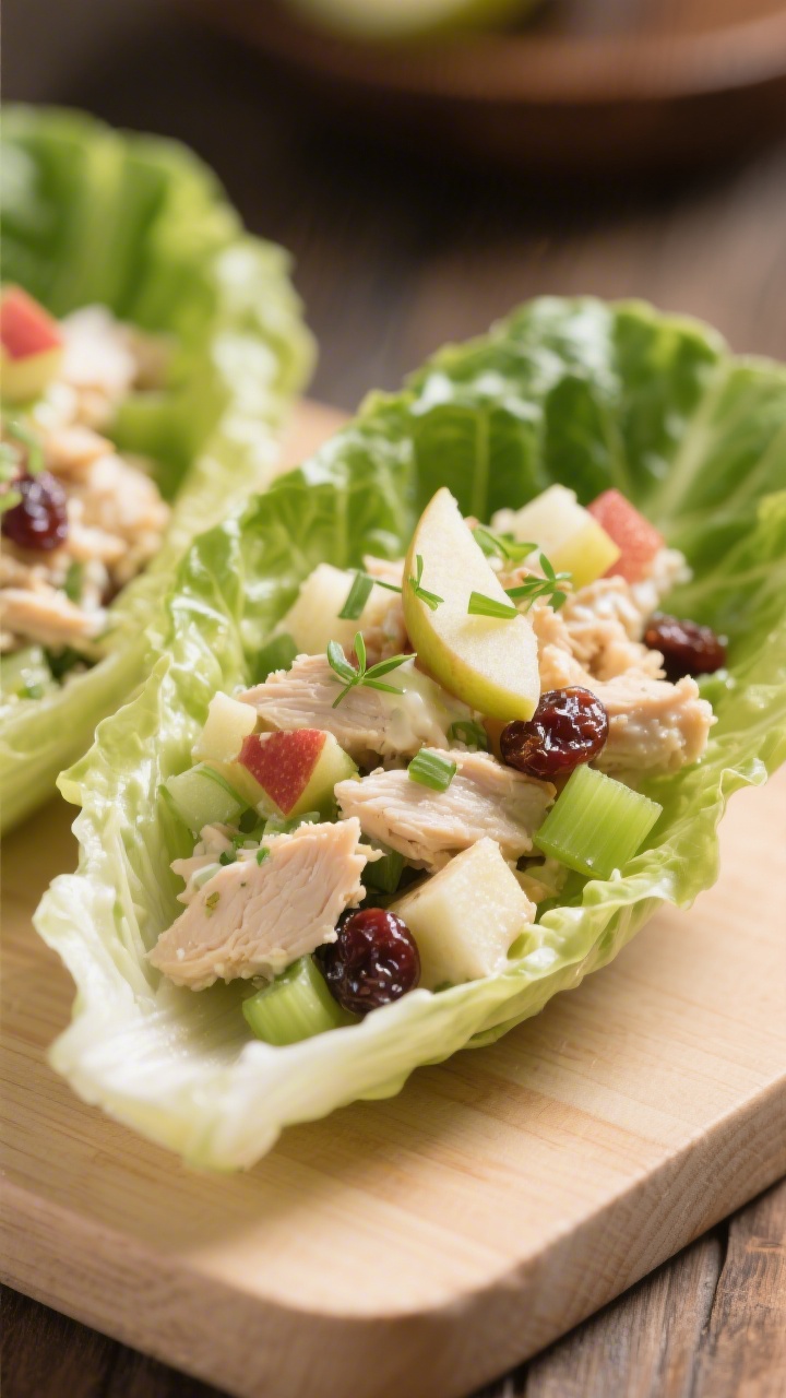 Close-up, straight-on shot of sweet apple chicken salad lettuce boats: crisp small romaine leaves filled with finely chopped chicken, tiny diced apple, very finely diced celery, chopped raisins or dried cranberries, lightly bound with a creamy dressing; sprinkle of micro-diced apple on top for texture; placed on a pale wooden board, subtle backlight to accent moisture and crunch, shallow depth of field to emphasize the chunky, glossy filling.