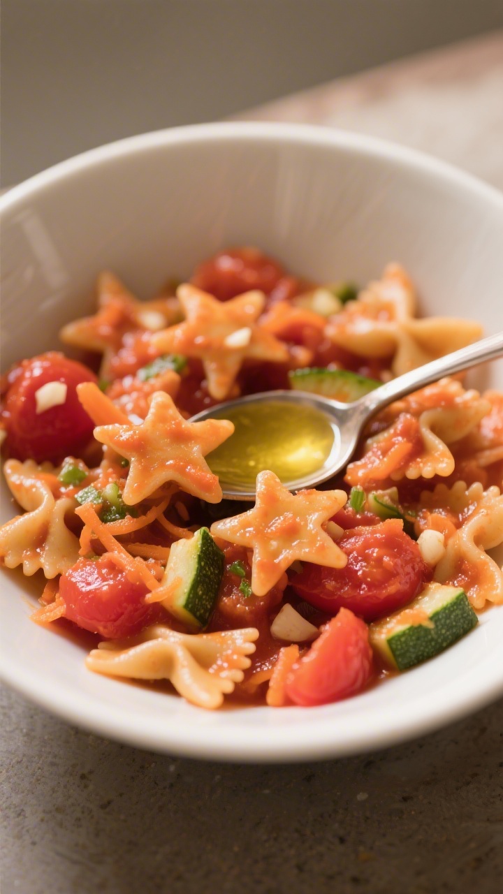 Cozy bowl shot at a slight top-down angle of tomato pasta stars: pastina/stellette coated in a silky hidden-veg tomato sauce made with olive oil, very finely grated carrot, finely chopped zucchini (squeezed dry), and a hint of minced garlic; served in a small white bowl with a light sheen of olive oil on top, tiny spoon beside, soft afternoon light, comforting reds and oranges.