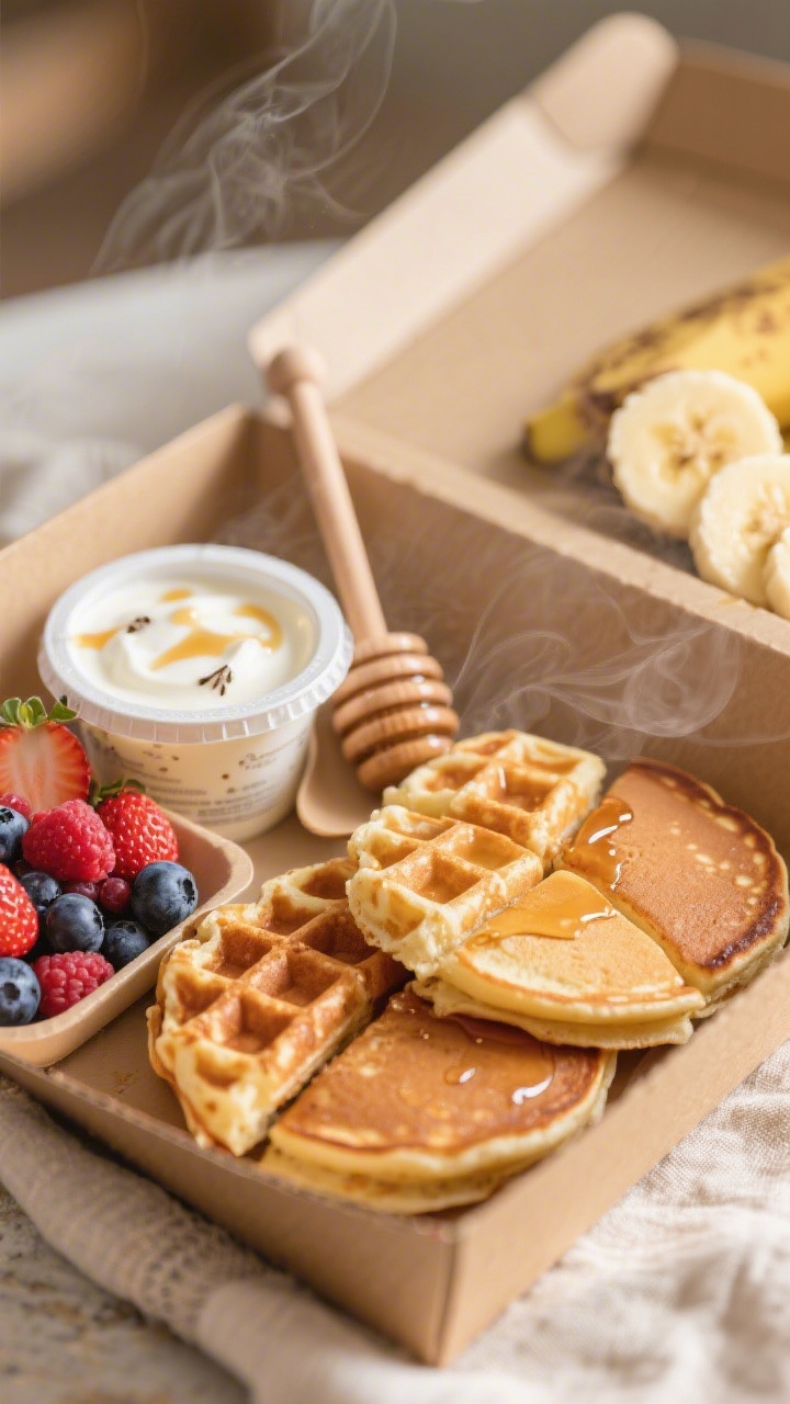 Cozy breakfast close-up of a grab-and-go box: quartered mini pancakes and waffles slightly overlapped, a small lidded cup of Greek yogurt (vanilla or honey) with a drizzle and visible vanilla specks, a section of mixed berries (strawberries, blueberries, raspberries), and neat slices of banana brushed to prevent browning. Honey dipper and tiny spoon as props, warm morning light, steam-kissed pancake surface, syrup sheen, soft linens underneath, focus on fluffy pancake texture and glossy berries.