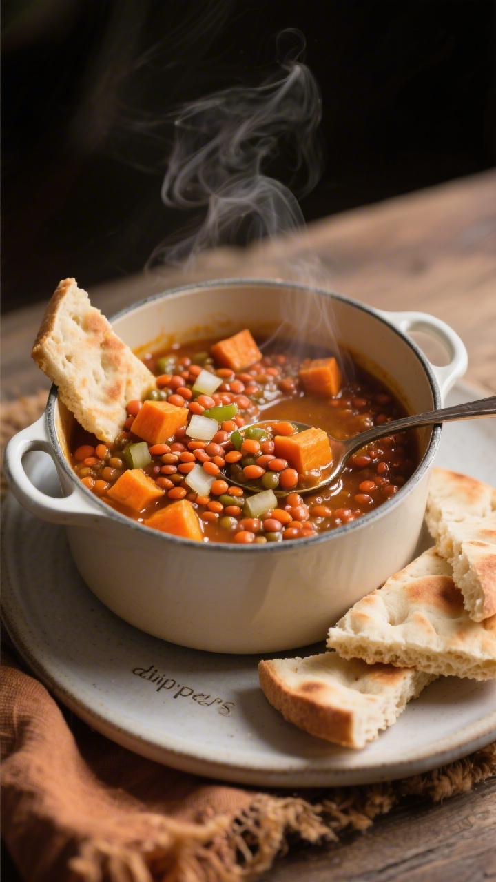 Cozy Lentil and Sweet Potato Dippers captured at a 45-degree angle in a small enamel saucepan: a thick, spoonable mixture of red lentils and tender 1/2-inch sweet potato cubes simmered with finely diced onion and carrot in low-sodium vegetable broth, glossy from a touch of olive oil; a plate of cut toast “dippers” or soft pita wedges alongside, ready for scooping; steam subtly rising, rustic cloth underneath, warm autumnal color palette, no utensils in use to emphasize no-spoon-needed.