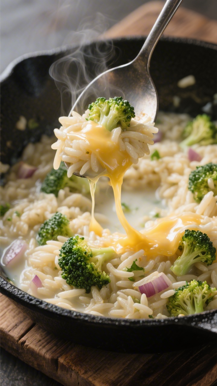 Cozy skillet close-up of cheesy broccoli orzo “risotto”: creamy orzo swirled with tiny broccoli florets, visible bits of finely chopped onion and minced garlic, cooked in broth and milk until silky; ribbons of melted cheese pulling slightly as a spoon lifts a scoop; steam rising, butter sheen and a drizzle of olive oil catching the light; photographed at a 45-degree angle in a matte black skillet on a rustic wooden board.