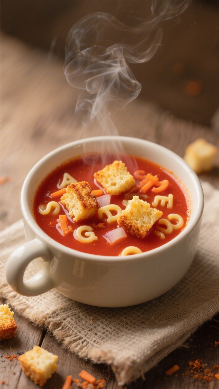 Cozy straight-on shot of tomato alphabet soup in a small handled bowl with grilled cheese croutons: steam rising from a rich red broth made from low-sodium tomato puree, with tender alphabet pasta visible; sweetness from finely grated carrot and gentle onion (or onion powder) in the background flavors; topped with bite-size golden grilled cheese croutons floating on the surface; set on a rustic napkin, warm tungsten tones for comforting, kid-friendly vibes.