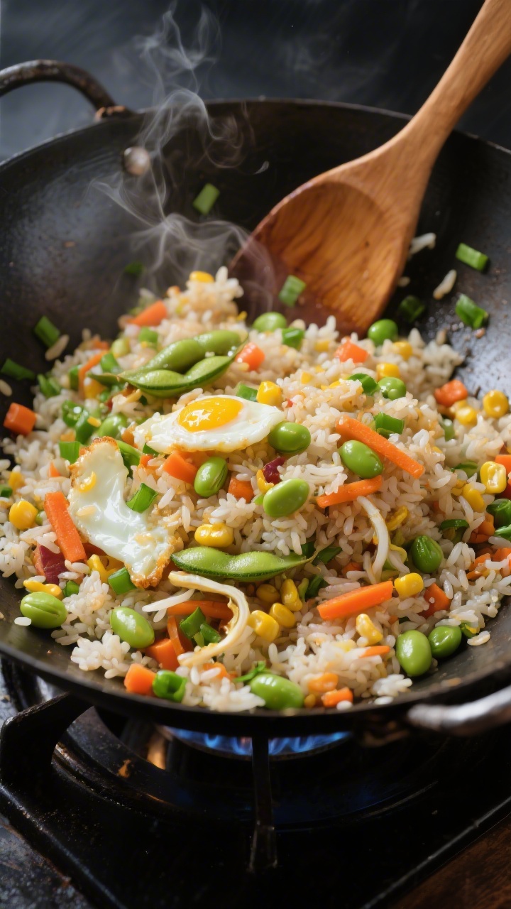 Dynamic wok-in-action overhead shot of rainbow fried rice: day-old rice tossed with shelled edamame, mixed veggies (carrots, peas, corn), and soft scrambled egg ribbons; grains visibly separate and glossy, a wisp of steam, neutral oil sheen; a wooden spatula mid-stir, scattered green onions at the edge for pop; dark carbon-steel wok on a burner for authentic vibe.