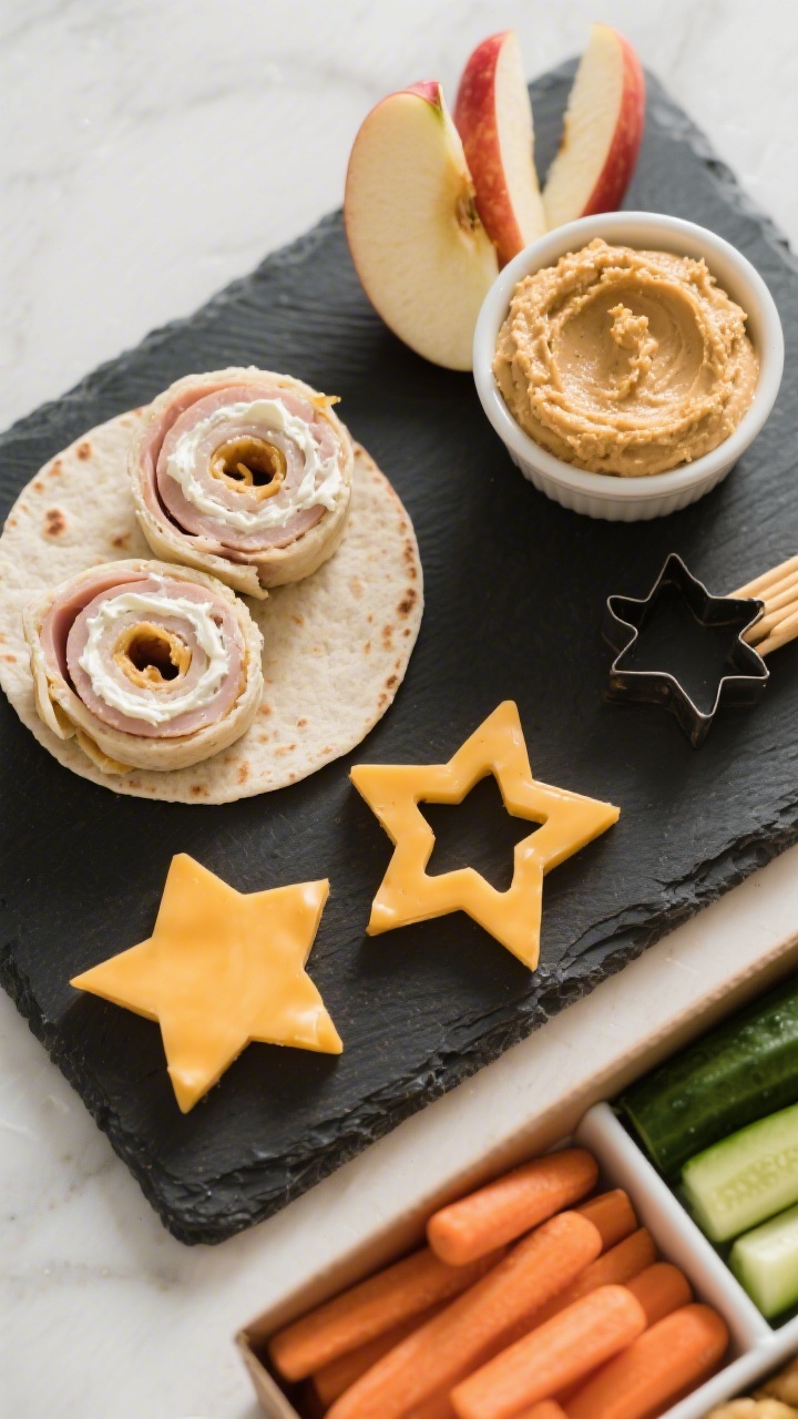Ingredient-and-assembly flat lay for a DIY snack box on a slate board: turkey pinwheels made from a small tortilla spread with cream cheese and rolled with two slices of deli turkey, sliced into tidy rounds; apple cheddar stars cut from 1/4-inch mild cheddar and apple slices using a mini star cutter; hummus dippers with a ramekin of hummus and a neat pile of baby carrots/cucumber sticks; crisp, organized compartments, bright natural light for snackable appeal.