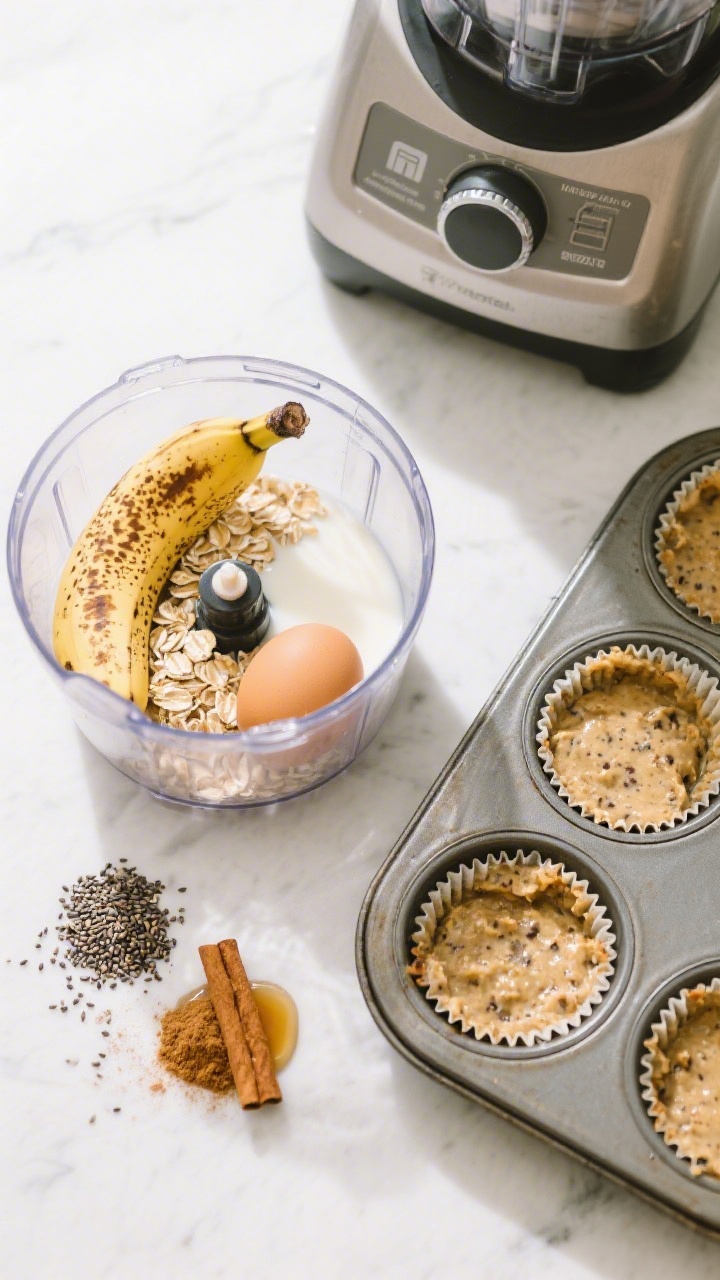 Ingredient-focused overhead shot of banana-oat blender mini muffin prep: a blender jar filled with spotty ripe bananas, eggs, certified gluten-free rolled oats, milk, chia seeds, maple syrup, and a pinch of baking powder and cinnamon nearby; next to it, a mini muffin tin lined and half-filled with the speckled batter; bright, clean light to highlight wholesome textures and the hidden chia