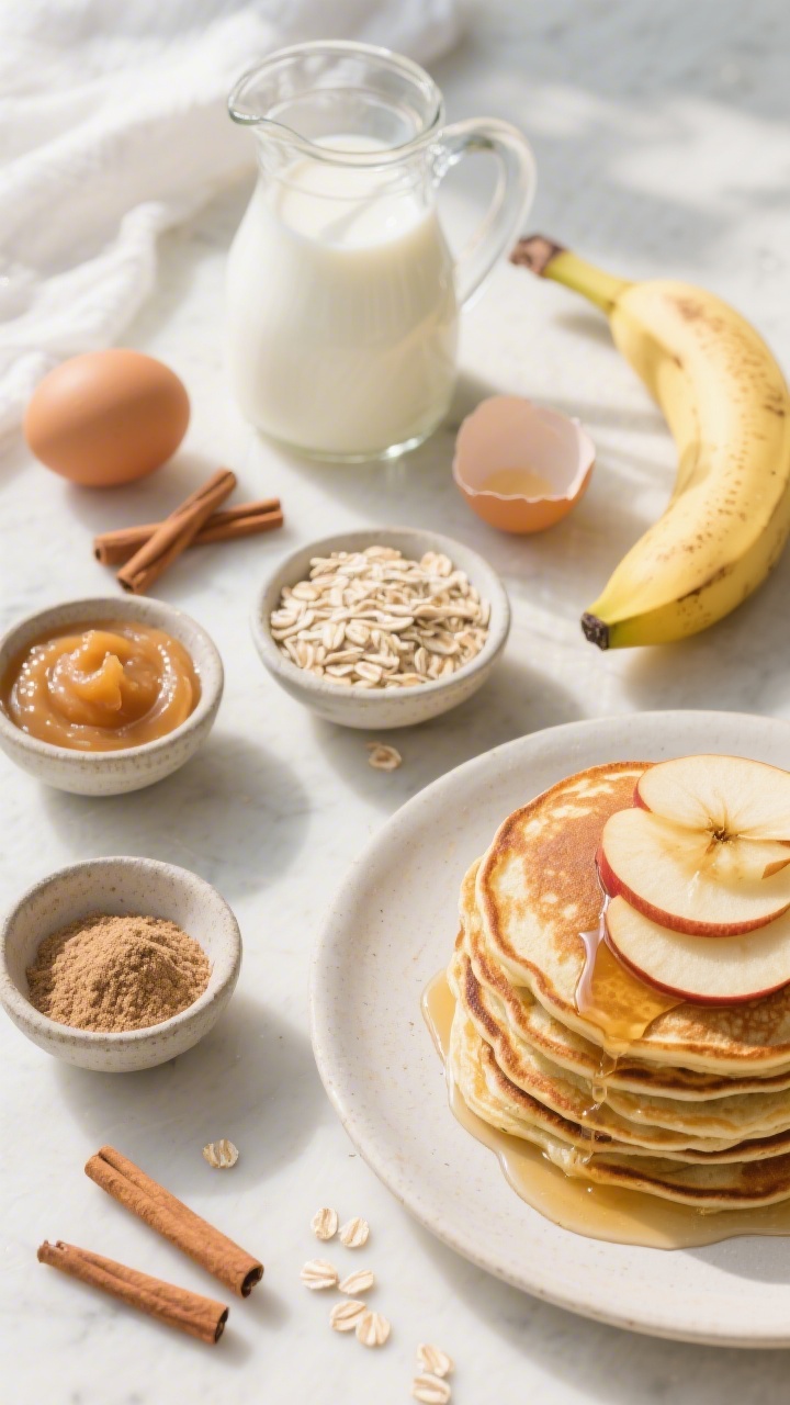 Ingredient-forward overhead flat lay for apple-cinnamon oat pancakes prep: gluten-free rolled oats, a ripe banana, unsweetened applesauce, a cracked egg (or flax egg setup), and a pitcher of dairy-free milk arranged artfully, with cinnamon and baking powder in pinch bowls. Include a stack of finished golden-brown pancakes with apple slices on top and a light drizzle of maple syrup in the corner to hint at the final result, bright morning light.