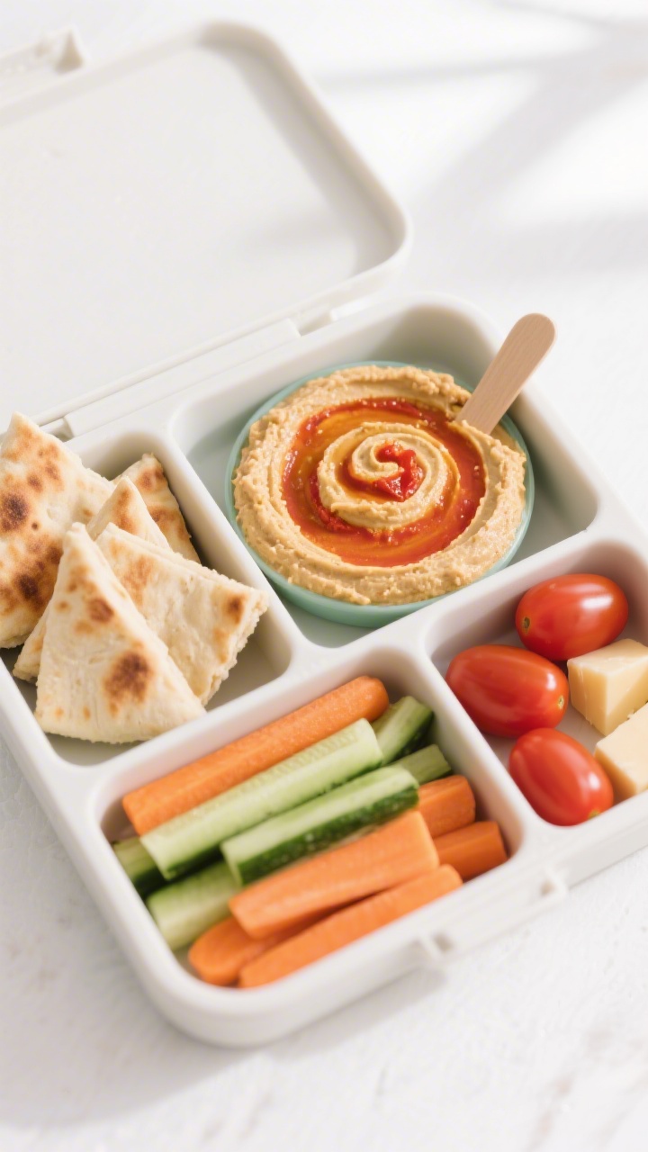 Ingredient-led flat lay of a no-cook hummus snack box: a compartmentalized lunch container with a swirl of classic or roasted red pepper hummus, pita triangles or mini naan strips, peeled cucumber sticks, carrot sticks or thin coins (lightly steamed for toddlers), plus a few cherry tomatoes and mild cheese cubes; bright, clean white background, vibrant colors, tidy arrangement to suggest easy dipping, natural window light.