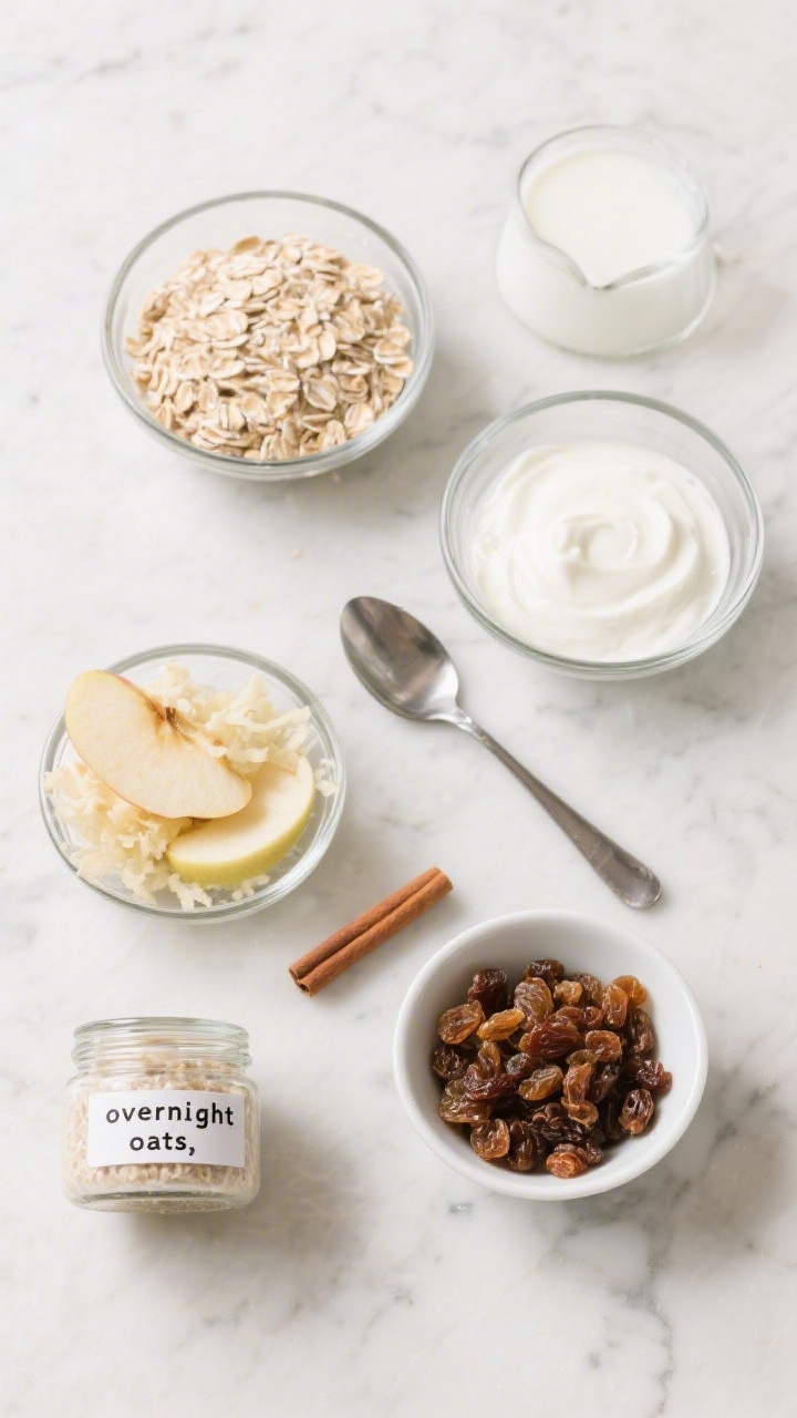 Ingredient-prep flat lay for Apple Pie Overnight Oats: rolled oats, milk, plain yogurt, finely grated apple (peeled), and a small pile of raisins set in clear prep bowls on a cool marble surface. Include a small jar labeled “overnight oats,” a spoon, and a cinnamon stick for apple-pie vibes (no extra spices added to ingredients). Show the grated apple’s moist texture and the creamy yogurt. Clean, make-ahead mood, bright even lighting, overhead perspective.
