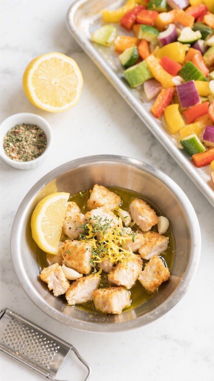 Ingredient-prep flat lay for sheet-pan lemon herb chicken nuggets with rainbow veggies: raw 1-inch chicken nugget pieces tossed with olive oil, lemon zest, lemon juice, Italian seasoning, and garlic powder in a stainless bowl; adjacent on the sheet pan are colorful chopped veggies (rainbow assortment) ready to roast; half lemon, microplane with fresh zest, and a small bowl of seasoning shown; bright, fresh, zesty mood on a light sheet-pan surface, overhead shot.