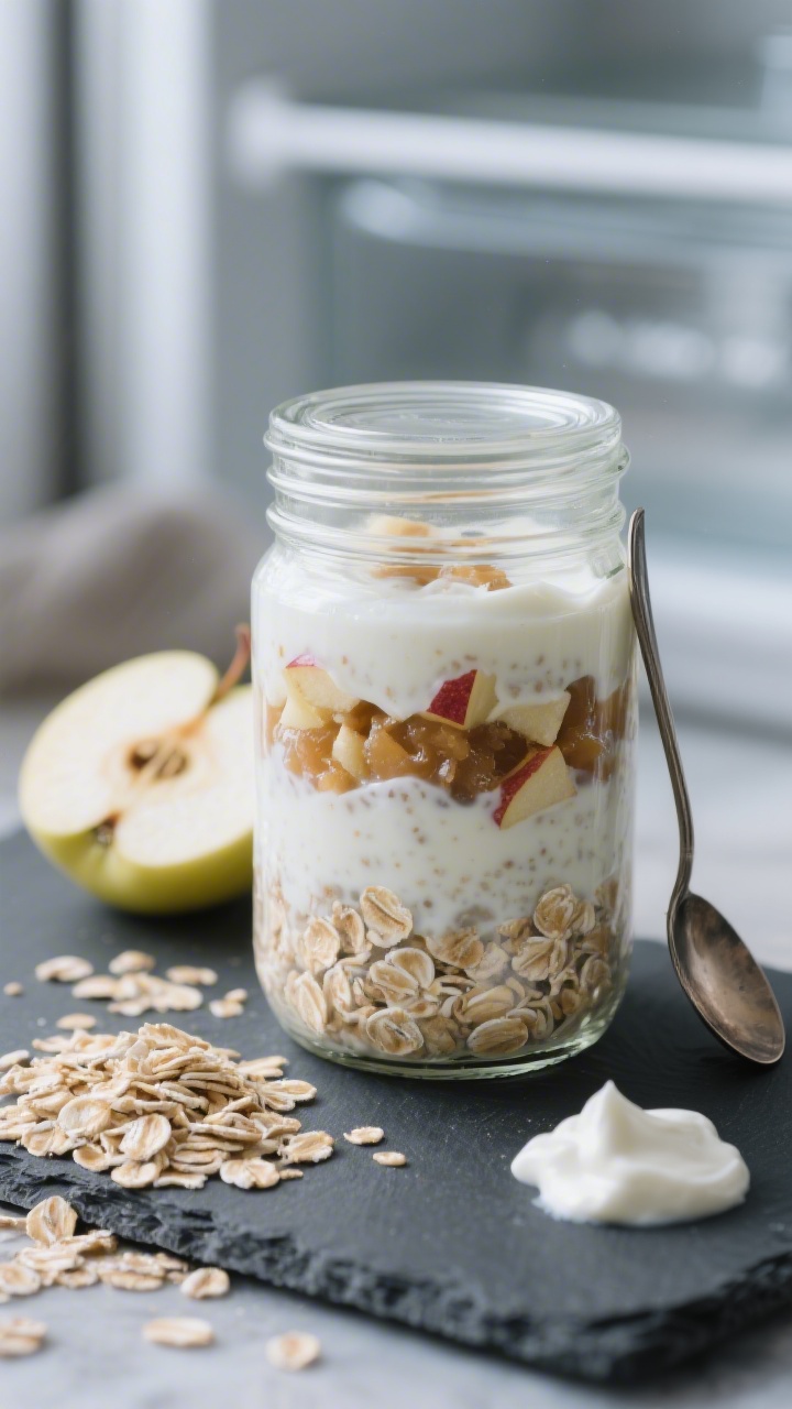 No-cook apple pie overnight oats in a clear glass jar, straight-on shot: distinct layers of rolled oats soaked in milk, stirred with plain whole-milk yogurt, finely grated apple, and a spoonful of unsweetened applesauce; specks of apple visible throughout the creamy mixture; lid off, spoon beside it; background props include a small mound of rolled oats, a half apple with fine gratings, and a dollop of yogurt on a slate board; cool refrigerator vibe with soft diffused light, grab-and-go mood.