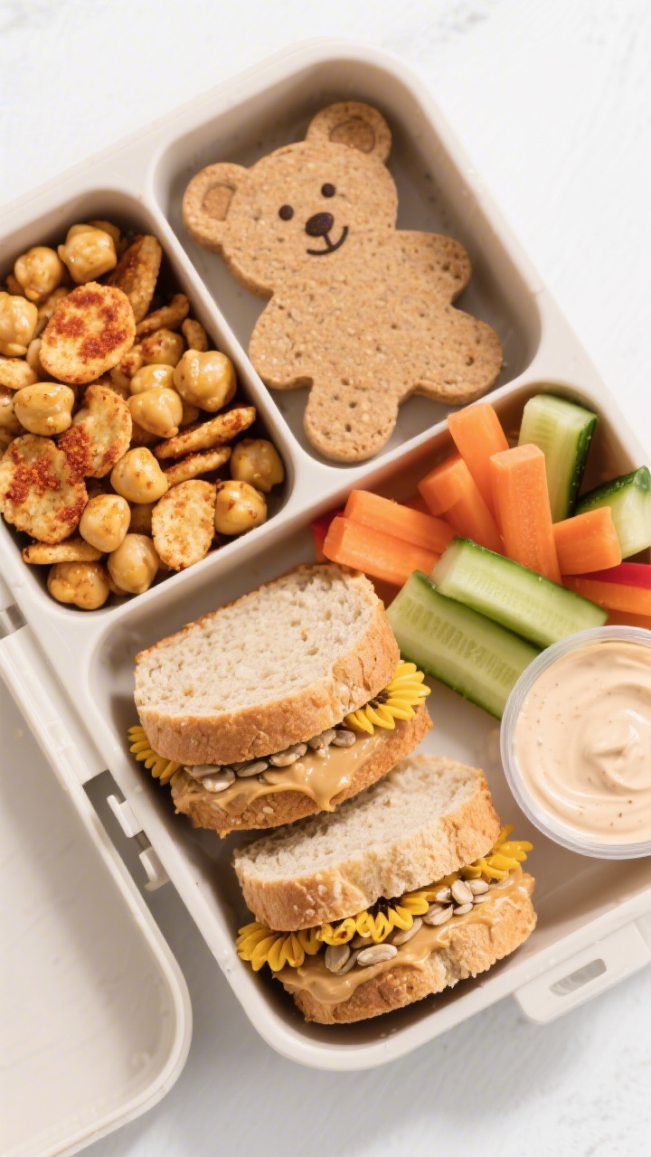 Overhead bento snack box: DIY assortment featuring roasted chickpea crunchers (canned chickpeas tossed with olive oil and mild paprika, lightly salted) in one compartment, teddy-bear-shaped whole-grain mini sandwiches filled with sunflower seed butter in another, and colorful veggie dippers (carrot sticks, cucumber sticks) with a small cup of dip. Emphasize crunchy chickpea texture, toasty sandwich edges, and fresh, crisp veggies. Bright, playful composition, clean background, high clarity.