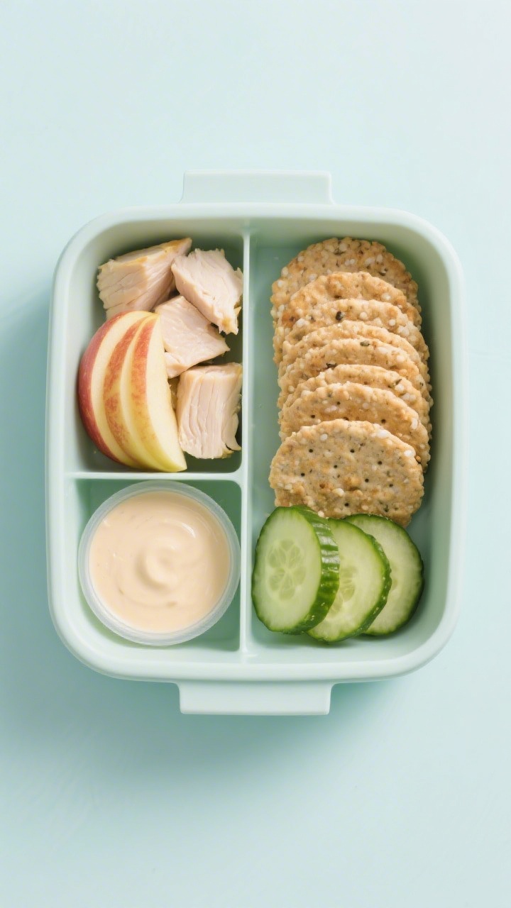 Overhead bento snack box neatly partitioned: tender cubes of cooked chicken breast, thin slices of apple with skin on, a tidy stack of 6–8 whole-grain crackers or mini rice cakes, and crisp cucumber coins; a small empty space for dipping or a tiny dip cup for optional pairing; clean, bright, kid-appealing styling on a pastel background, emphasizing fresh textures and sweet-and-savory contrast.