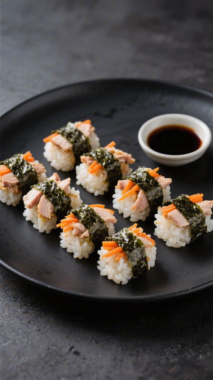 Overhead bento-style presentation of turkey, carrot, and rice nori bites: small squares of slightly warm short-grain rice pressed with finely chopped cooked turkey and very finely grated carrot, lightly seasoned with low-sodium soy sauce; wrapped or topped with neat strips of nori; arranged in tidy rows with a tiny dish of soy sauce on the side; matte black plate for contrast.