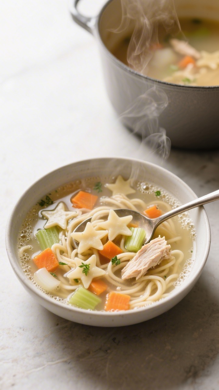 Overhead bowl shot of cozy chicken noodle soup with star-shaped pasta, diced carrot, celery, onion, and tender shreds of chicken in a clear low-sodium broth; tiny bubbles and fresh herbs floating, steam gently rising; a ladle resting in a Dutch oven in the background with more soup; clean, comforting color palette emphasizing the playful star pasta.
