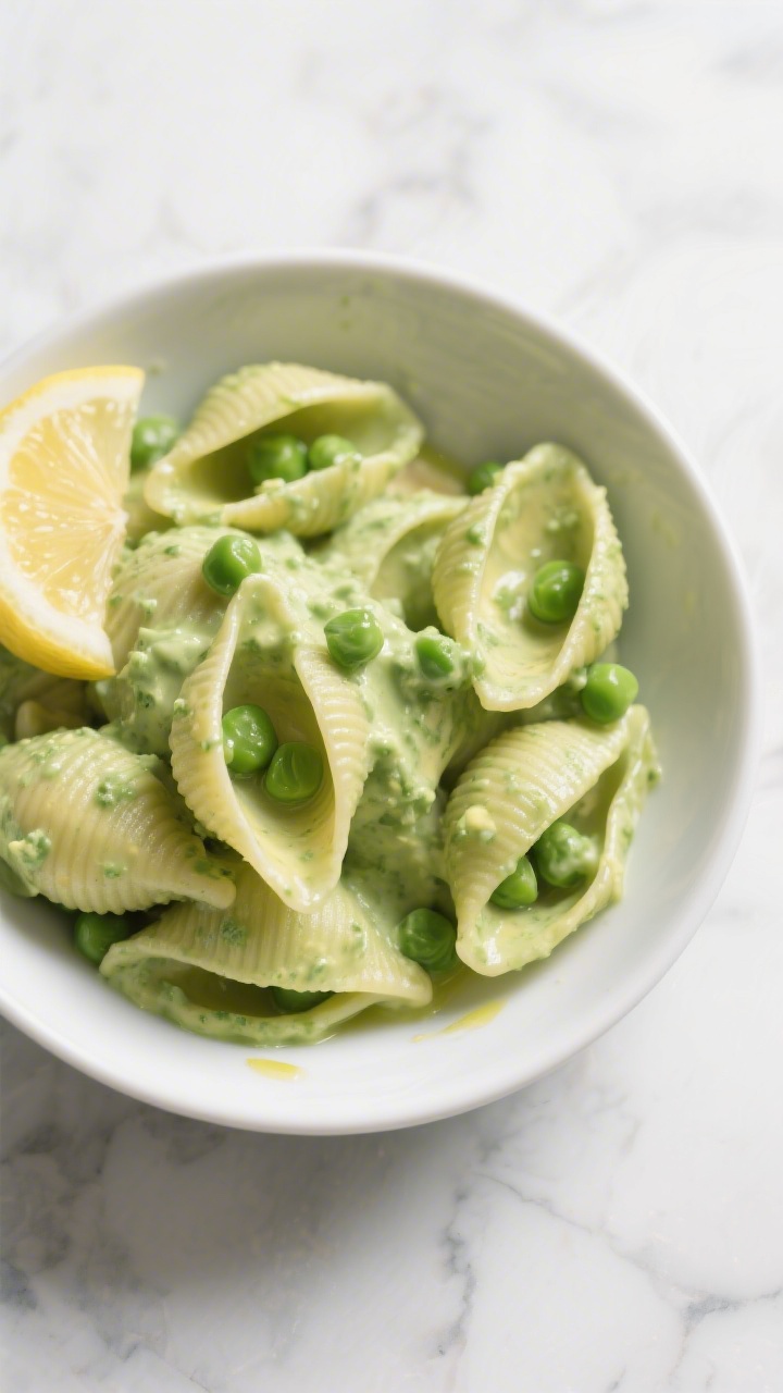 Overhead bowl shot of creamy avocado pasta shells with hidden peas: small pasta shells coated in a silky green sauce of ripe avocado, lemon juice, milk (dairy or unsweetened oat/almond), and olive oil, with sweet peas tucked into the shells; garnished with a light squeeze of lemon and a drizzle of olive oil; presented in a matte white bowl on a marble surface, fresh and vibrant, emphasizing creaminess and spring-green tones.