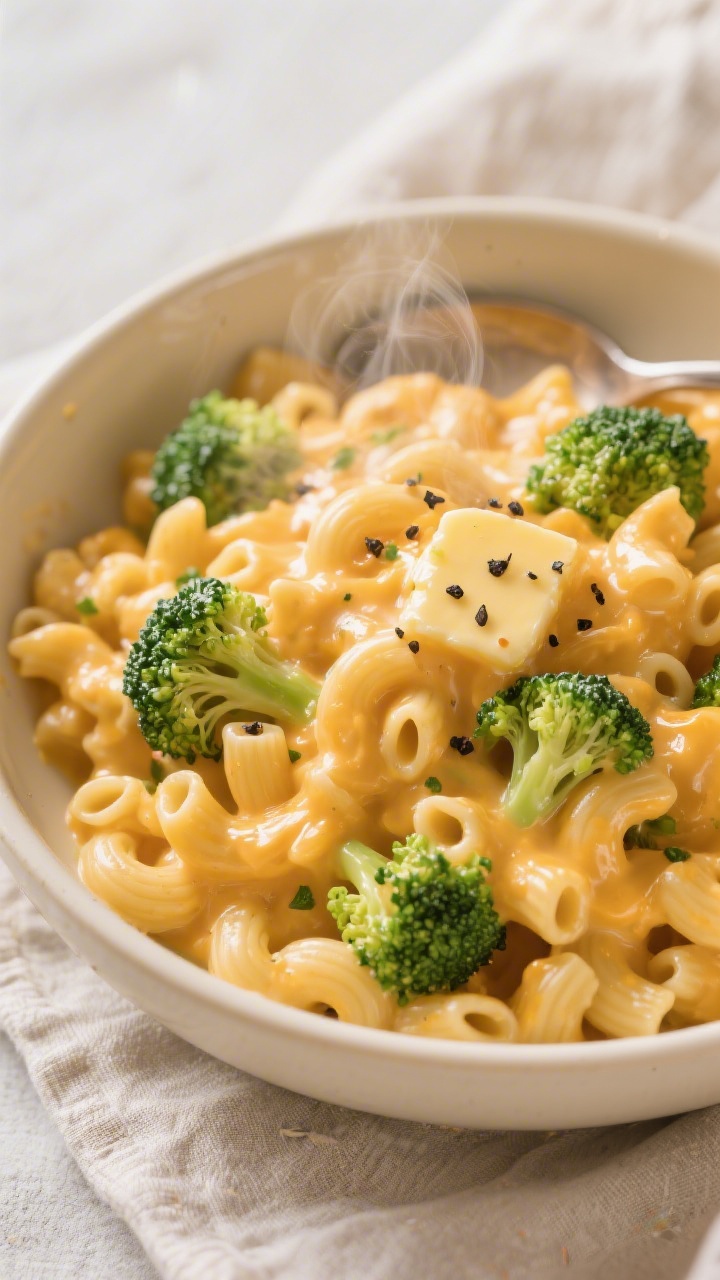 Overhead bowl shot of creamy broccoli mac and cheese: elbow macaroni coated in glossy sharp cheddar sauce with small broccoli florets folded in, “green speck” effect visible throughout; steam subtly rising, black pepper flecks on top, butter sheen catching the light; served in a wide, shallow cream-colored bowl on a light linen with a spoon resting at the edge.