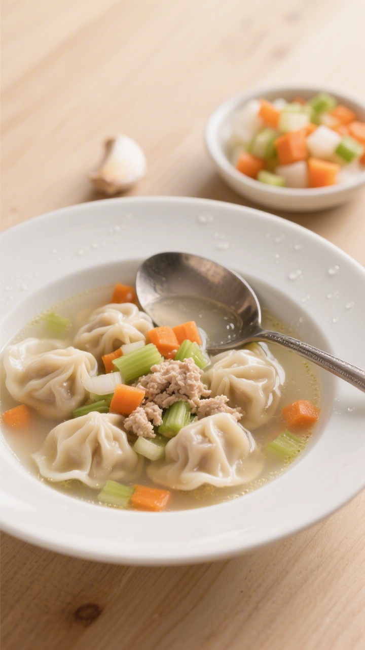 Overhead bowl shot of gentle chicken veggie dumpling soup: clear, low-sodium chicken broth with finely diced carrot, celery, and onion, tender ground chicken dumplings poached until pale and soft, optional garlic in the background aroma. Served in a wide white soup bowl on a pale wood table; spoon resting on the rim, droplets glistening on the dumplings; a small dish with diced mirepoix off to the side to indicate ingredients; warm, comforting mood.