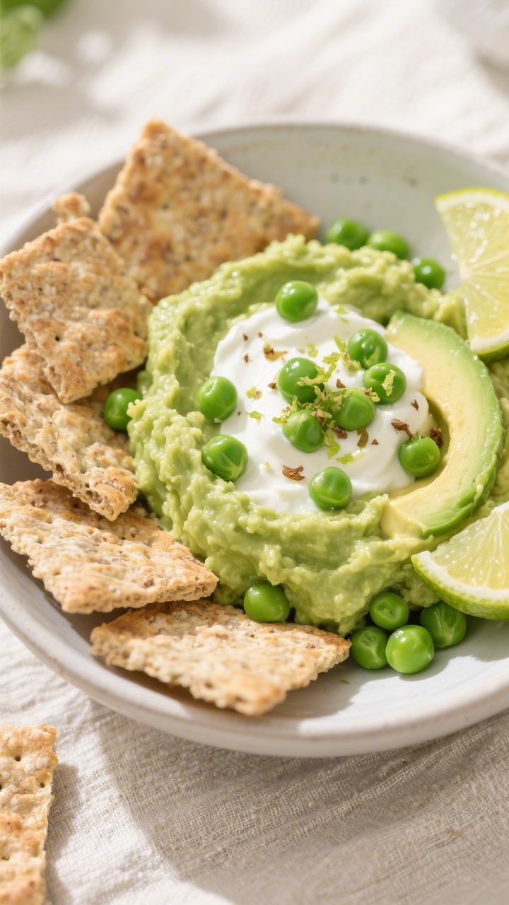 Overhead bowl shot of pea-guacamole dippers with whole-grain crunch: a mortar of vibrant green mash made from ripe avocado and thawed peas, blended with plain Greek yogurt, lime juice, cumin, and a pinch of salt, topped with a sprinkle of whole peas and lime zest. Surround with whole-grain crackers and baked pita chips for dipping; lime wedges on the side, textured linen, bright natural light for a fresh, kid-friendly look, no people.