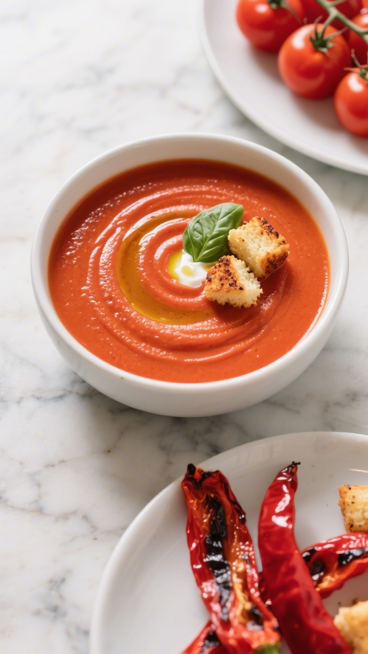 Overhead bowl shot of ultra-smooth creamy tomato soup blended with roasted red peppers, vibrant red-orange color, glossy surface swirled with a drizzle of olive oil and a tiny splash of cream; garnished with torn basil and crunchy grilled-cheese croutons; charred red pepper strips and roma tomatoes visible on a side plate, set on a marble surface for a clean, elegant feel.