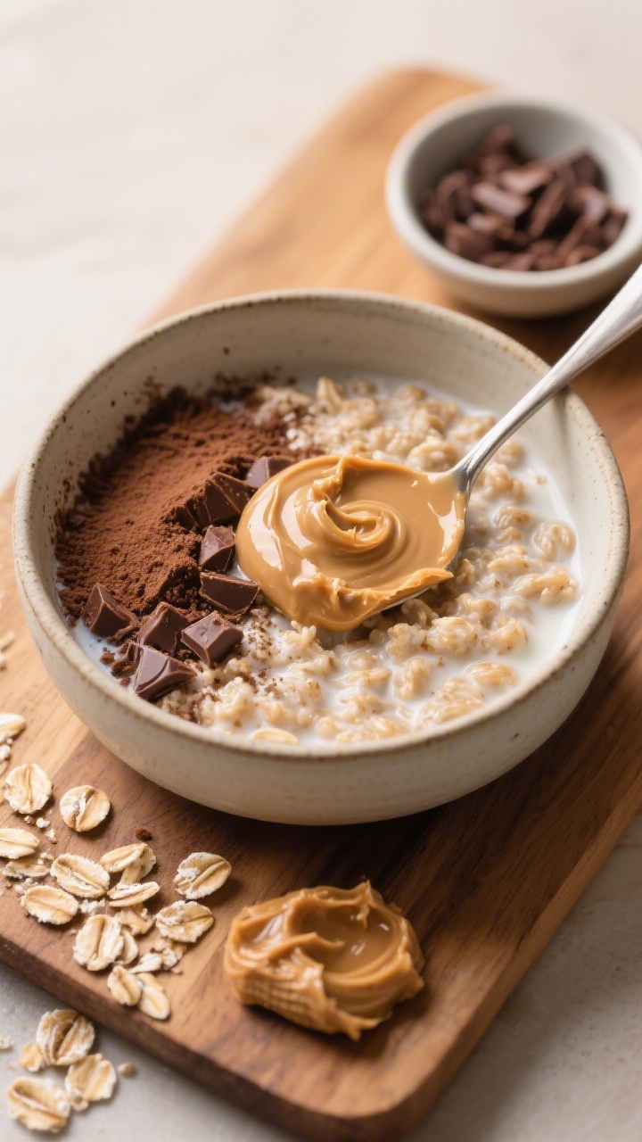 Overhead breakfast bowl of Peanut Butter Cup Oatmeal: rolled oats cooked in milk, topped with a creamy spoonful of peanut butter gently melting into the oats, lightly dusted with carob powder (or a minimal hint of cocoa). Add a few oat flakes and a swirl from the spoon to show thickness, nutty warmth, and chocolate-free appeal. Neutral ceramic bowl on a warm wood board with a small dish of peanut butter and a pinch bowl of carob nearby. Soft, inviting light, no people.