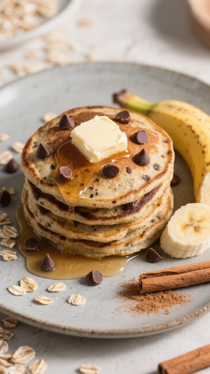Overhead breakfast scene of banana-oat blender pancakes with chocolate chips: a stacked pile of hearty, speckled pancakes made from ripe bananas, eggs, gluten-free rolled oats, milk, vanilla, baking powder, and cinnamon; melty mini chocolate chips studded throughout and scattered on top, a pat of butter beginning to melt, maple syrup drizzle pooling around; sliced banana and a dusting of cinnamon on a matte ceramic plate, warm morning light.
