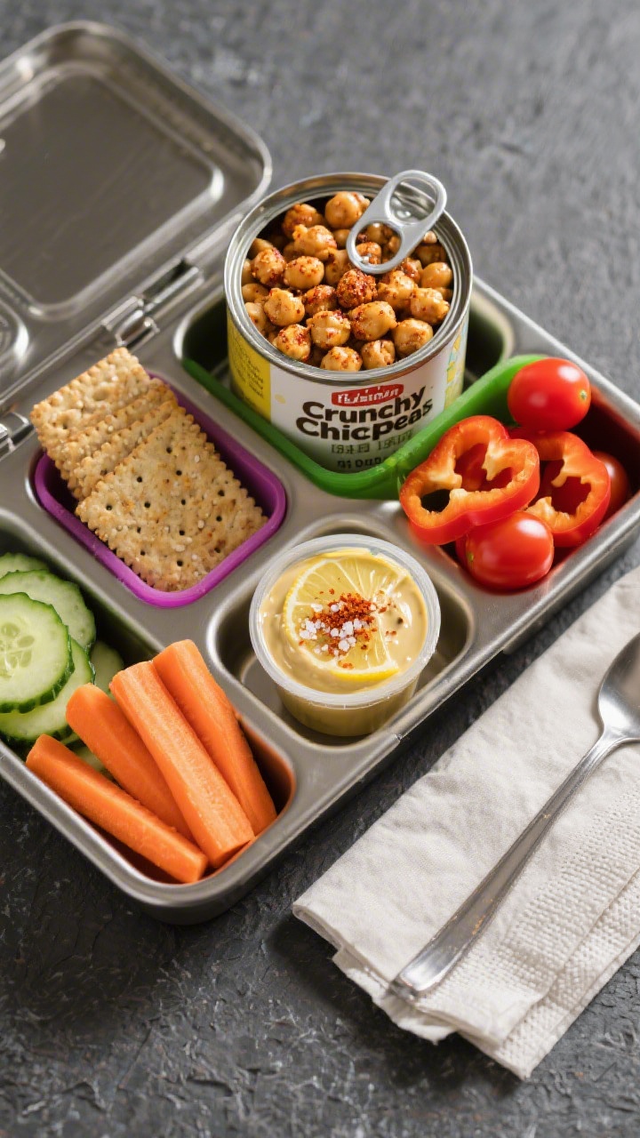 Overhead build-your-own bento spread for a Crunchy Chickpea Snack Lunch Box: a can (15 oz) of roasted, seasoned chickpeas showcased in a small compartment, surrounded by colorful sections of gluten-free crackers, cucumber coins, carrot sticks, cherry tomatoes, mini bell pepper rings, and a small dip container of tangy lemon-tahini; include a tiny sprinkle of paprika and flaky salt on chickpeas for texture; arranged neatly in a stainless bento on a slate background with a napkin and small spoon, crisp and vibrant feel.