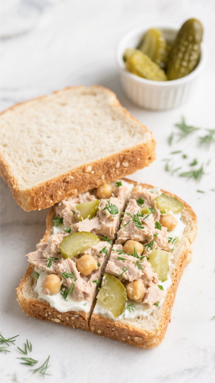 Overhead close crop of a tuna-free chickpea salad soft sandwich with pickle crunch: two slices of soft multigrain or white bread encasing a thick layer of very well-mashed chickpeas mixed with plain Greek yogurt or mayo, finely chopped dill pickle, and visible dill flecks. The sandwich is cut into small rectangles for toddlers, with a tiny ramekin of extra chopped pickles and a sprinkling of minced dill nearby. Cool, bright lighting, focus on creamy, slightly chunky filling and speckled green pickle bits.