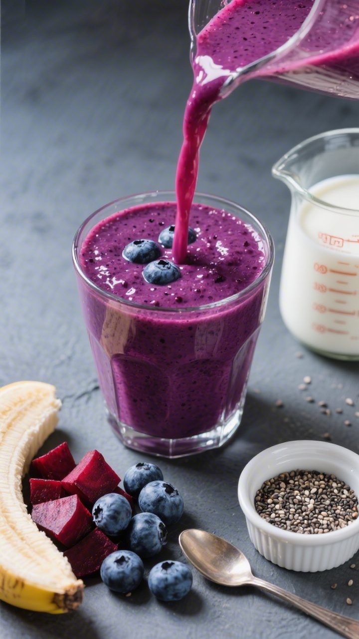 Overhead close-up of a Blueberry Beet Magic Smoothie mid-pour into a small glass, vivid deep indigo-purple transitioning to magenta from cooked beet; visible blueberry skins speckling the smoothie, thick and glossy; styled with a small pile of frozen blueberries, chopped roasted beet pieces, half a frozen banana, a spoonful of chia seeds, and a ramekin of vanilla yogurt; a measuring cup of milk to the side, cool-toned slate background to make the colors pop, crisp professional lighting.