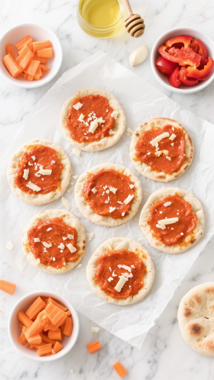 Overhead DIY mini pita pizzas with hidden veg sauce: six mini pitas on a parchment-lined sheet, each spread with a vivid red-orange blended sauce made from carrot, red bell pepper, crushed tomatoes, garlic, honey, and olive oil; some topped with a light sprinkle of cheese for variety; small bowls holding chopped carrot, red bell pepper, and crushed tomatoes arranged around; bright, playful styling on a marble surface.