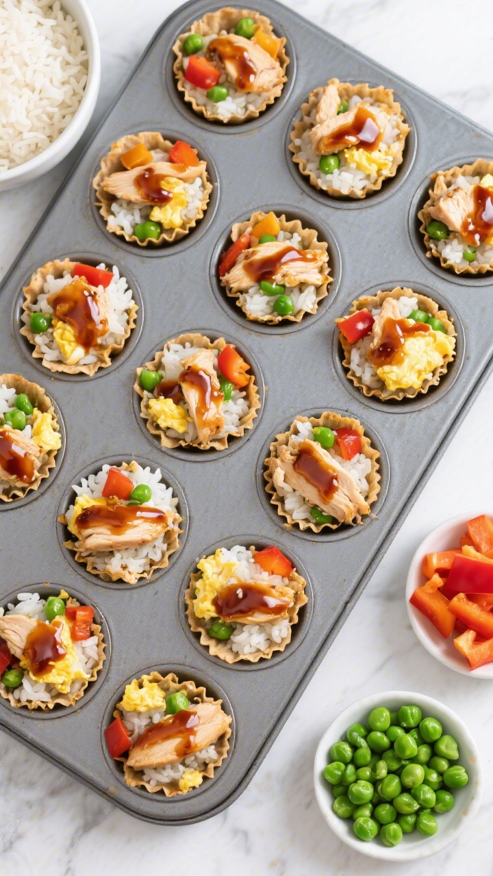 Overhead flat lay of 10-minute teriyaki chicken rice cups in a muffin tin, each cup packed with sticky white rice, chopped chicken, finely diced bell pepper, peas, and bits of set scrambled egg, brushed with a glossy teriyaki glaze; a bowl of cooked rice, a small dish of frozen peas, and chopped bell pepper off to the side as ingredient cues; bright, family-friendly styling, clean lines.