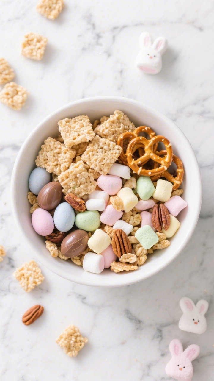 Overhead flat lay of a large white mixing bowl filled with no-bake Bunny Trail snack mix: 4 cups crispy rice cereal squares, 2 cups mini pretzel twists, 1 1/2 cups pastel candy-coated chocolate eggs, 1 cup mini marshmallows, and a sprinkle of roasted nuts; bright pastel color palette, high-key lighting, a few ingredients scattered artfully on a marble surface, crisp textures of cereal and pretzels contrasted with glossy candy shells and pillowy marshmallows, no hands or people, professional food styling with a playful Easter vibe.