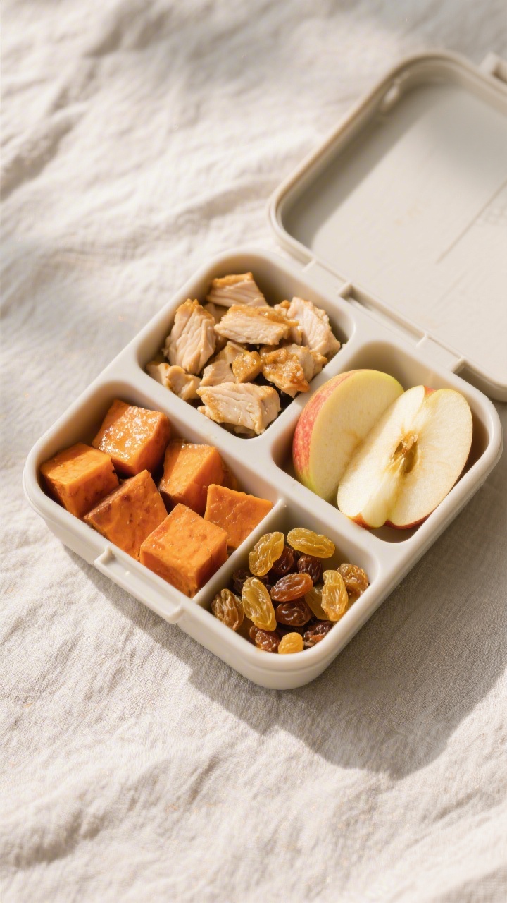 Overhead flat lay of a no-mess chicken, apple, and sweet potato snack box: a bento-style container with tidy compartments holding cooked diced chicken, roasted or steamed sweet potato cubes (lightly glazed sheen), crisp apple slices with skins on, and a small section of raisins or golden raisins; neutral linen underneath, minimal props, vibrant but balanced colors suggesting freshness and portability.