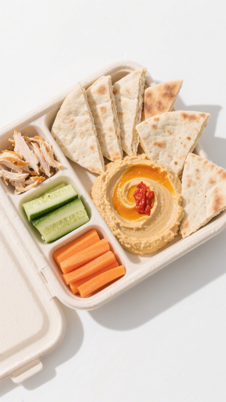 Overhead flat lay of a sunshine hummus snack box: a neat compartmented lunch container with a creamy swirl of classic or roasted red pepper hummus in the center, whole-wheat pita triangles fanned like rays, optional shredded rotisserie chicken in a corner, crisp cucumber sticks (seeds removed) and carrot sticks arranged by color; clean white background, bright citrusy mood, minimal props.